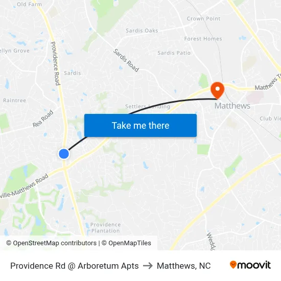 Providence Rd @ Arboretum Apts to Matthews, NC map