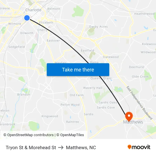 Tryon St & Morehead St to Matthews, NC map
