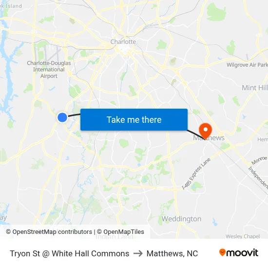 Tryon St @ White Hall Commons to Matthews, NC map