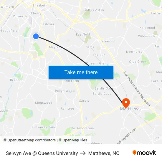 Selwyn Ave @ Queens University to Matthews, NC map