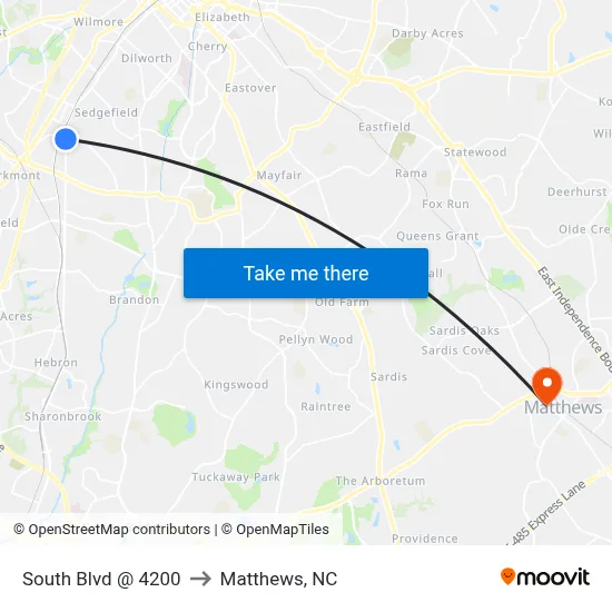 South Blvd @ 4200 to Matthews, NC map