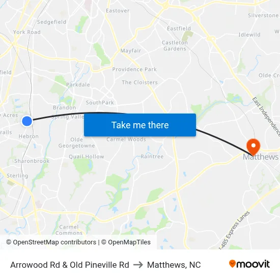 Arrowood Rd & Old Pineville Rd to Matthews, NC map