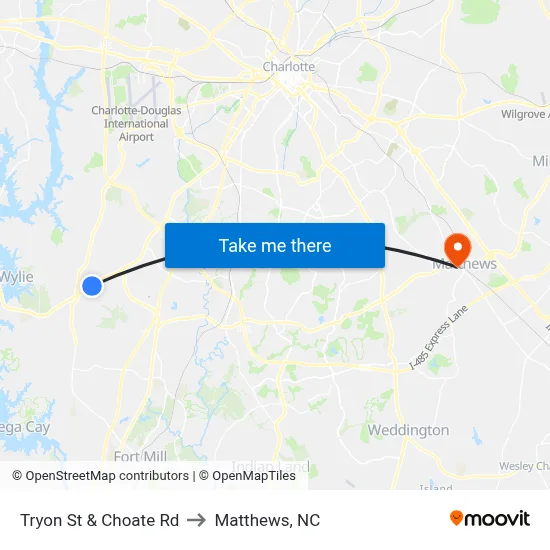 Tryon St & Choate Rd to Matthews, NC map