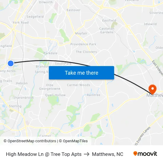 High Meadow Ln @ Tree Top Apts to Matthews, NC map