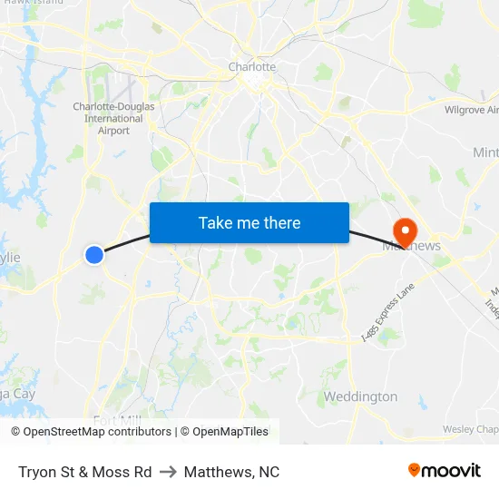 Tryon St & Moss Rd to Matthews, NC map