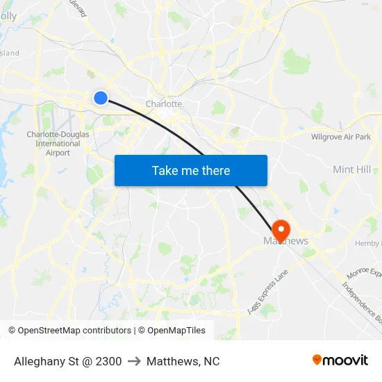 Alleghany St @ 2300 to Matthews, NC map