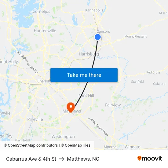Cabarrus Ave & 4th St to Matthews, NC map
