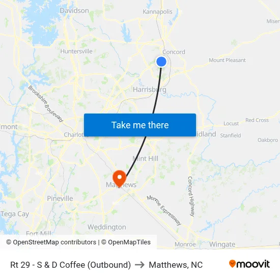 Rt 29 - S & D Coffee (Outbound) to Matthews, NC map