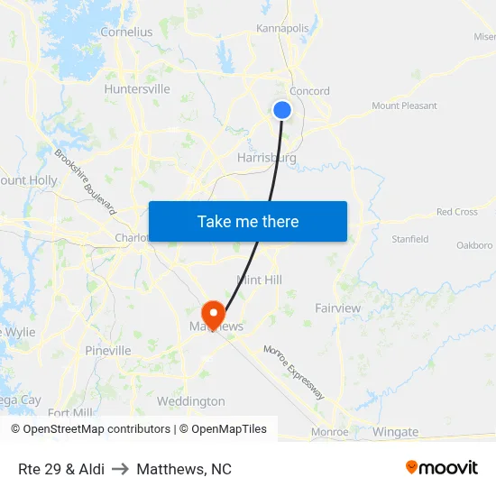Rte 29 & Aldi to Matthews, NC map