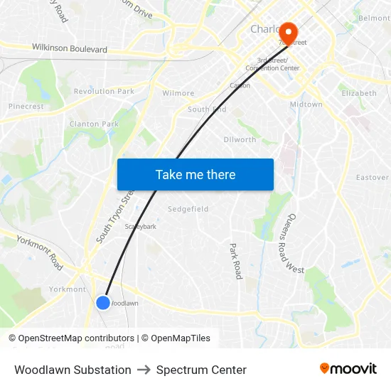 Woodlawn Substation to Spectrum Center map