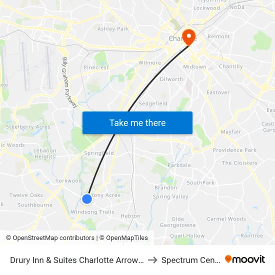 Drury Inn to Spectrum Center map