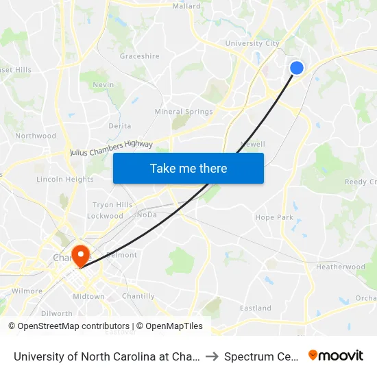University of North Carolina at Charlotte to Spectrum Center map