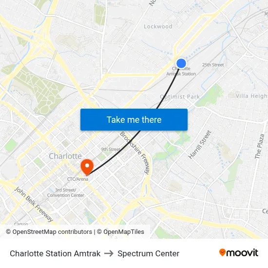 Charlotte Station Amtrak to Spectrum Center map