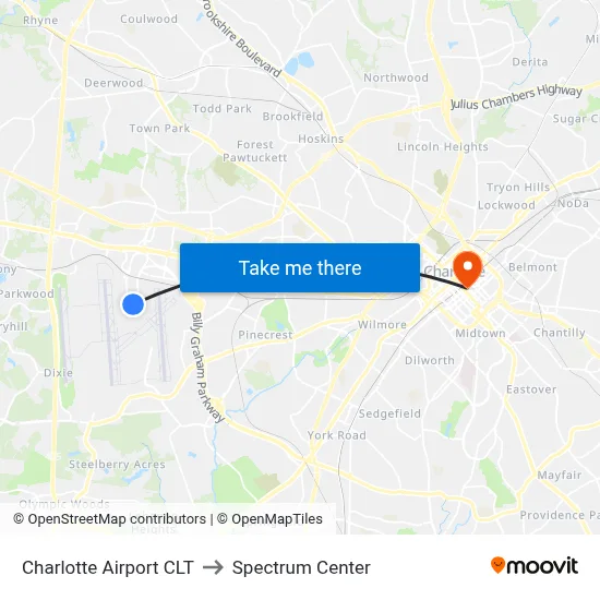 Charlotte Airport CLT to Spectrum Center map