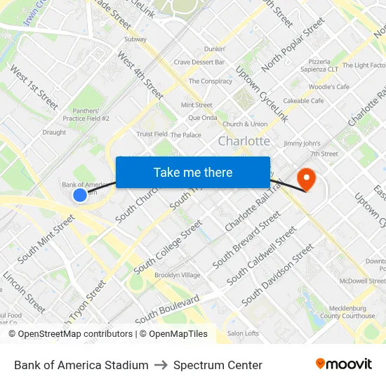 Bank of America Stadium to Spectrum Center map