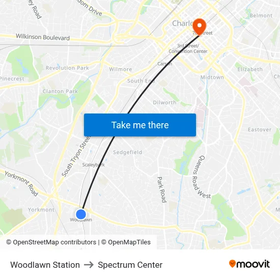 Woodlawn Station to Spectrum Center map