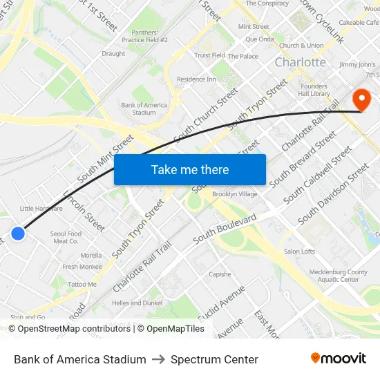 Bank of America Stadium to Spectrum Center map