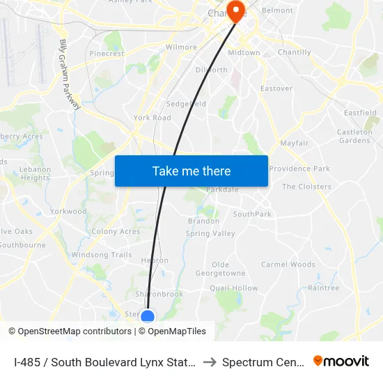 I-485 / South Boulevard Lynx Station to Spectrum Center map