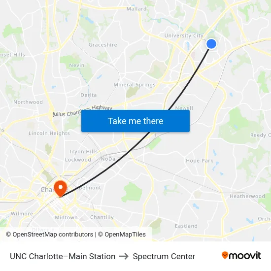 UNC Charlotte–Main Station to Spectrum Center map