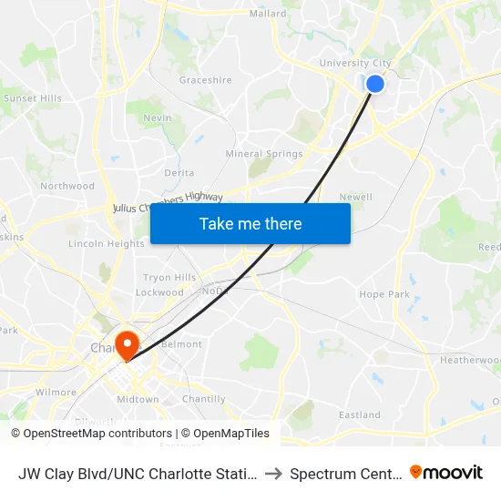JW Clay Blvd/UNC Charlotte Station to Spectrum Center map