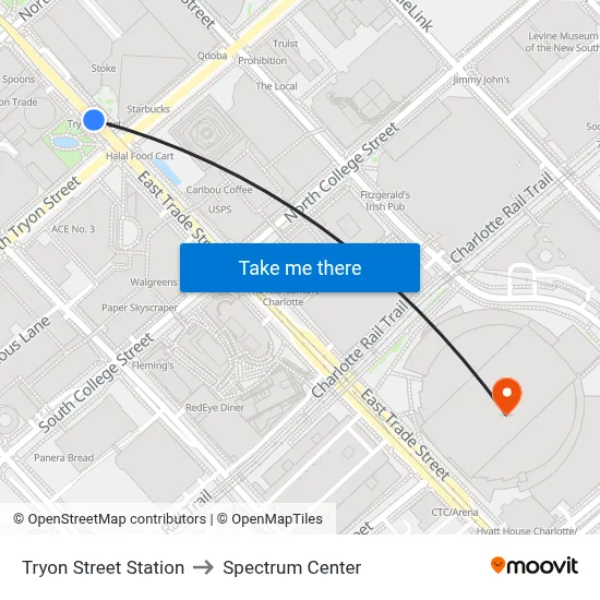Tryon Street Station to Spectrum Center map