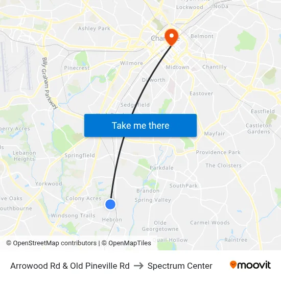 Arrowood Rd & Old Pineville Rd to Spectrum Center map