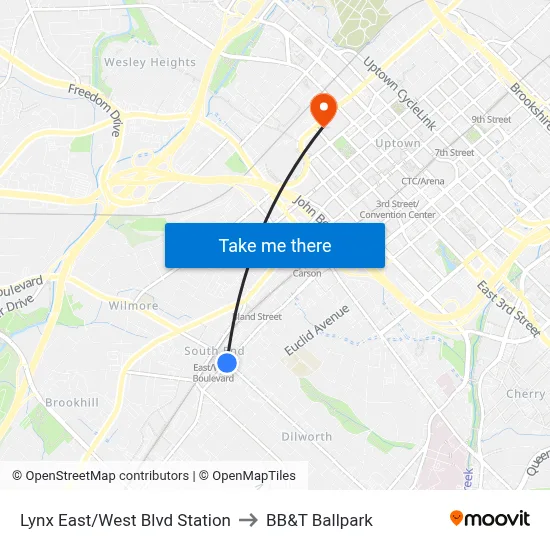 Lynx East/West Blvd Station to BB&T Ballpark map