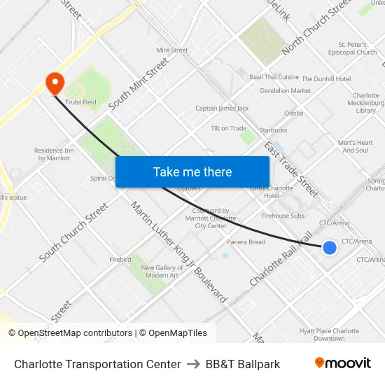 Charlotte Transportation Center to BB&T Ballpark map
