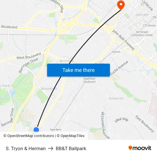 S. Tryon & Herman to BB&T Ballpark map