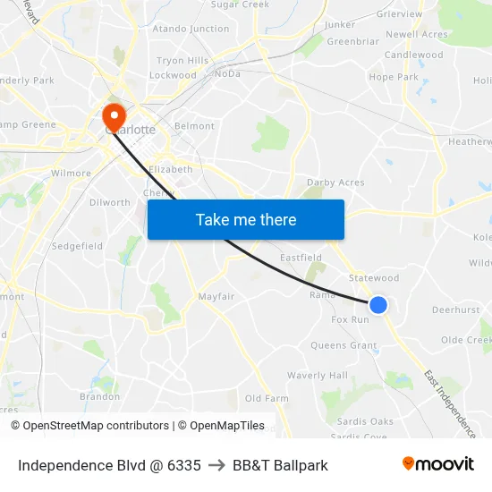 Independence Blvd @ 6335 to BB&T Ballpark map