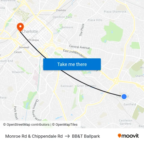 Monroe Rd & Chippendale Rd to BB&T Ballpark map