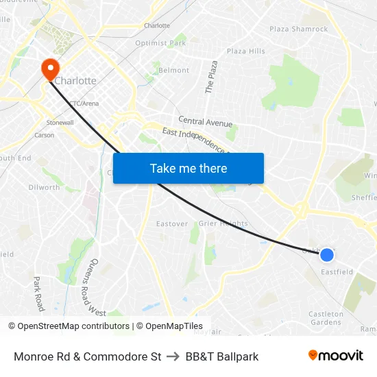 Monroe Rd & Commodore St to BB&T Ballpark map
