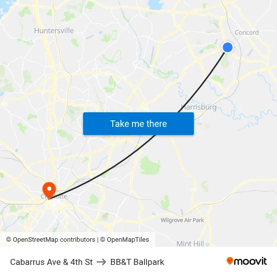 Cabarrus Ave & 4th St to BB&T Ballpark map