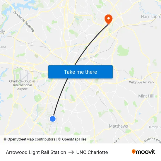 Arrowood Light Rail Station to UNC Charlotte map