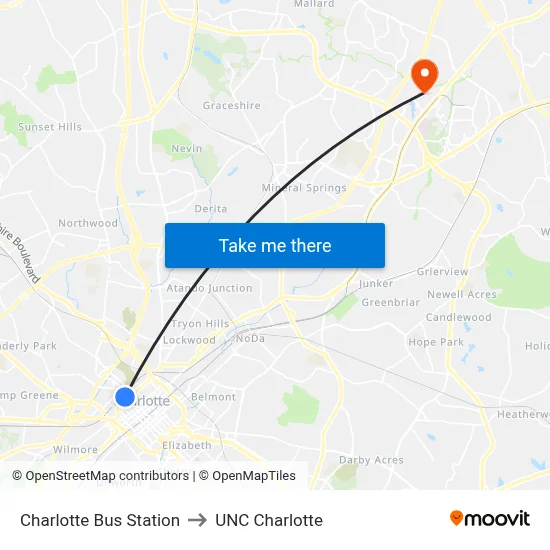 Charlotte Bus Station to UNC Charlotte map