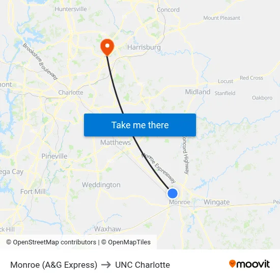 Monroe (A&G Express) to UNC Charlotte map