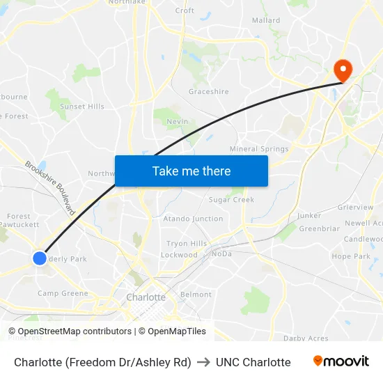 Charlotte (Freedom Dr/Ashley Rd) to UNC Charlotte map