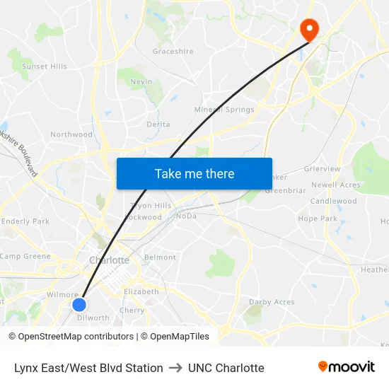 Lynx East/West Blvd Station to UNC Charlotte map