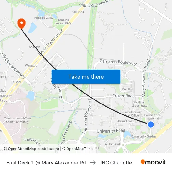 East Deck 1 @ Mary Alexander Rd. to UNC Charlotte map