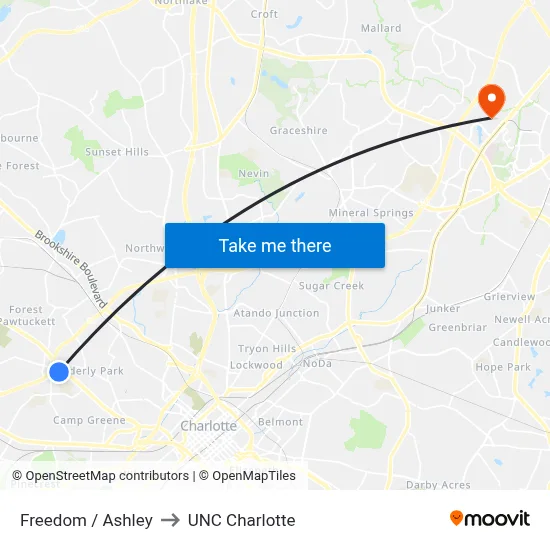 Freedom / Ashley to UNC Charlotte map