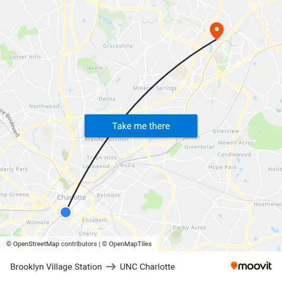 Brooklyn Village Station to UNC Charlotte map