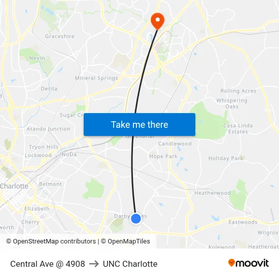 Central Ave @ 4908 to UNC Charlotte map