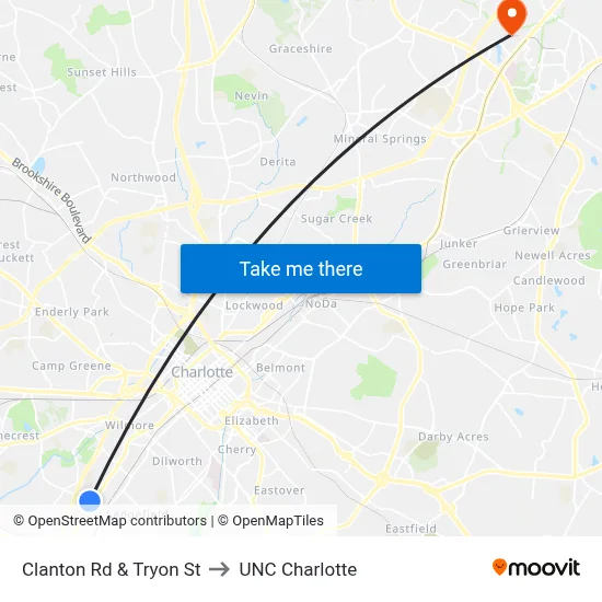 Clanton Rd & Tryon St to UNC Charlotte map