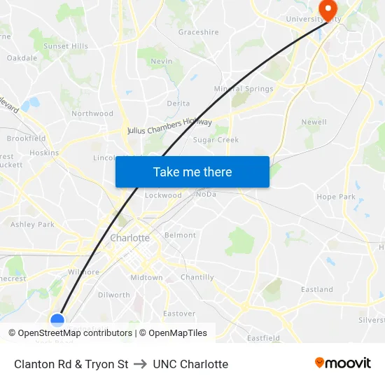 Clanton Rd & Tryon St to UNC Charlotte map