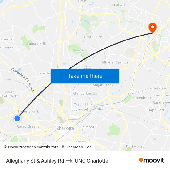 Alleghany St & Ashley Rd to UNC Charlotte map