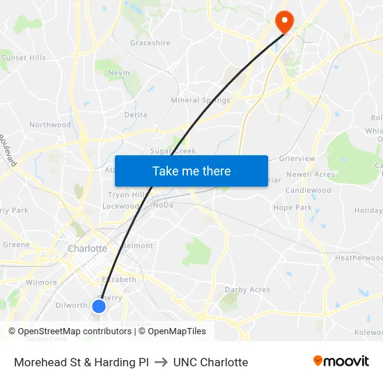 Morehead St & Harding Pl to UNC Charlotte map
