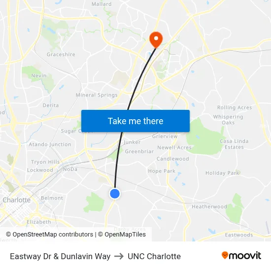 Eastway Dr & Dunlavin Way to UNC Charlotte map