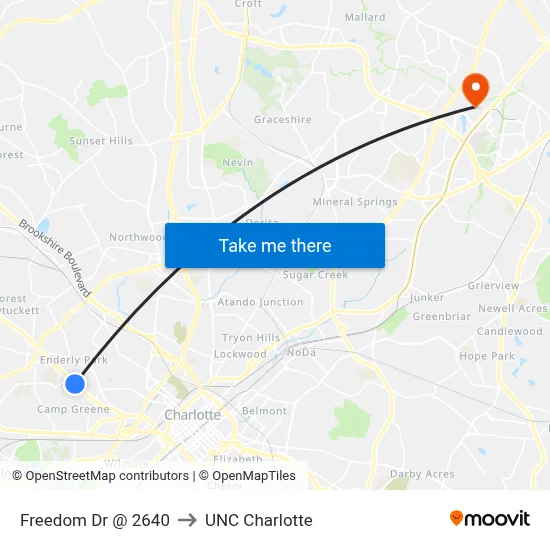 Freedom Dr @ 2640 to UNC Charlotte map
