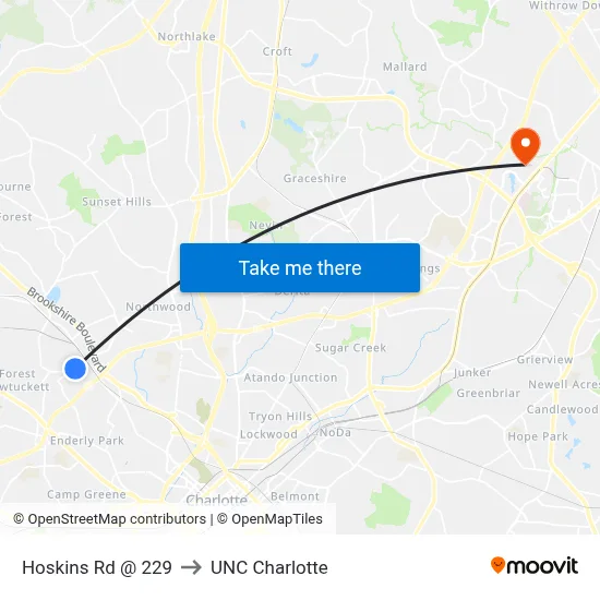 Hoskins Rd @ 229 to UNC Charlotte map