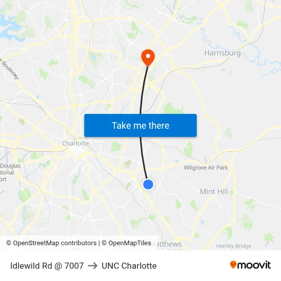 Idlewild Rd @ 7007 to UNC Charlotte map